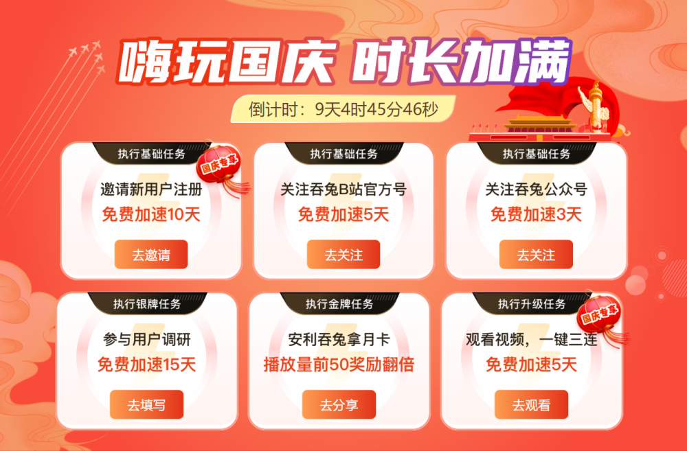 吞兔加速器國慶期間免費(fèi)加速，邀請1人獎(jiǎng)勵(lì)10天！