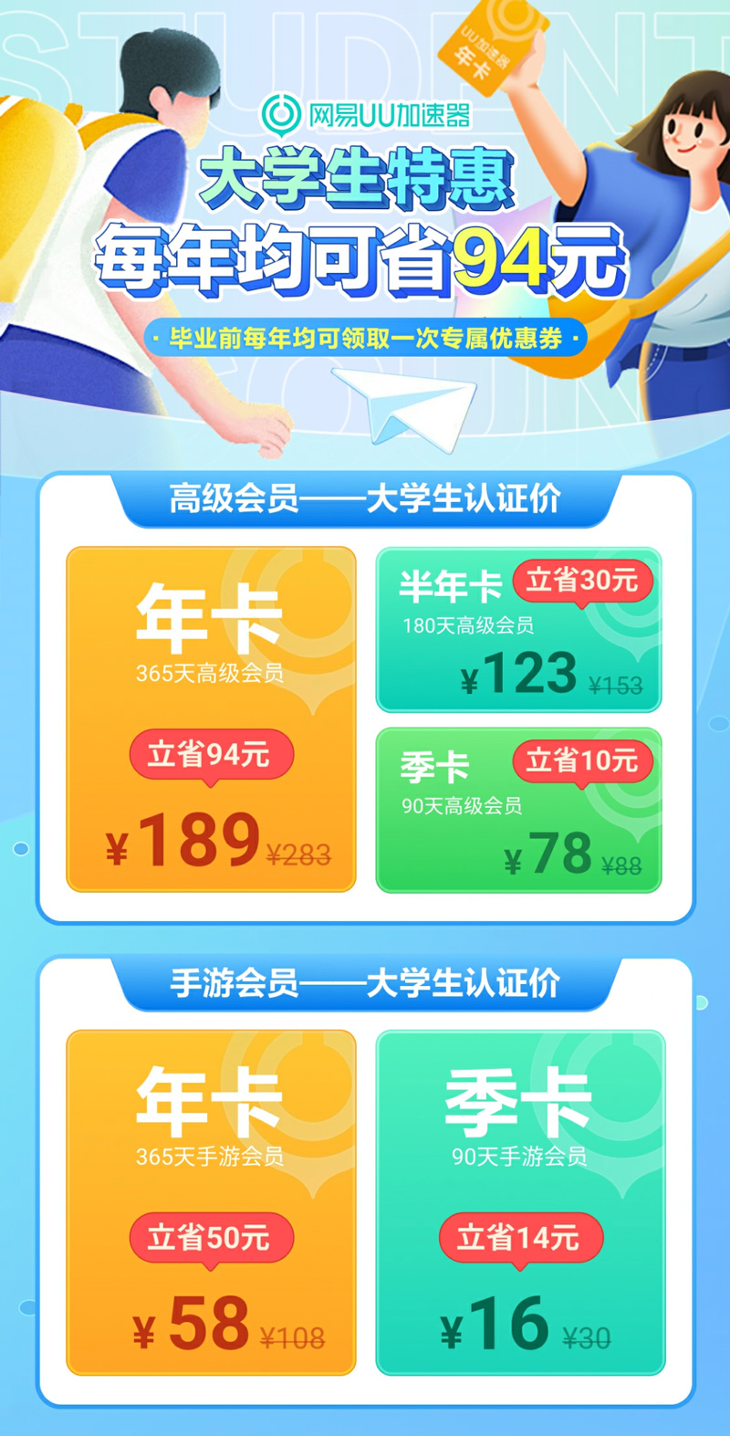 網(wǎng)易UU加速器大學(xué)生特惠升級，每年都能享受超低價！