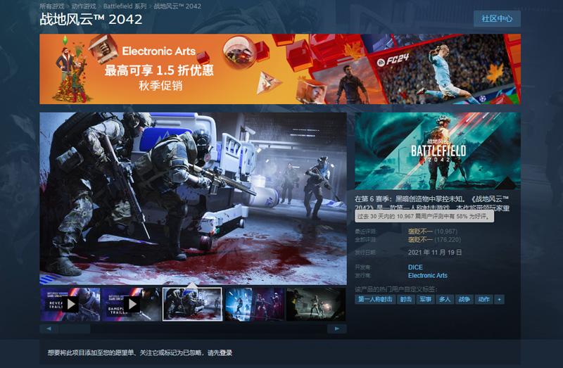 《戰(zhàn)地2042》Steam秋促價(jià)格創(chuàng)新低！好評率明顯回升！